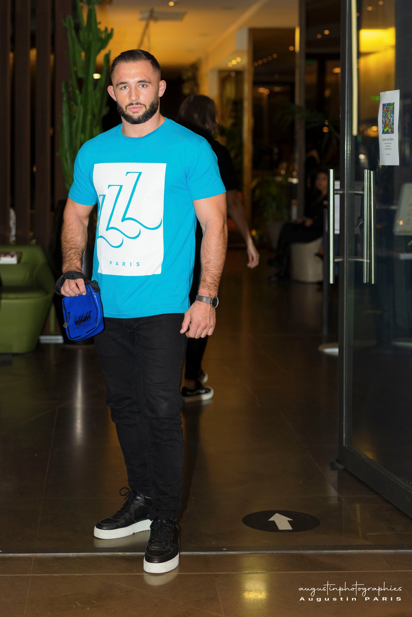 T-Shirt bleu Coupe standard, Col côtelé en coton bio